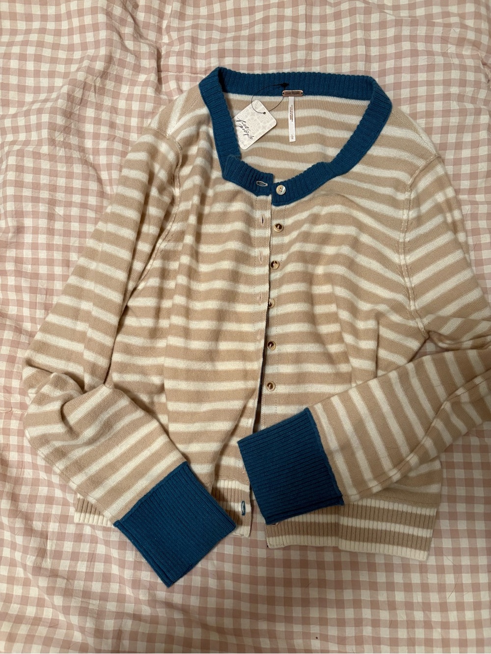 Free people Beige & White Striped Women's Cardigan with Blue Trim